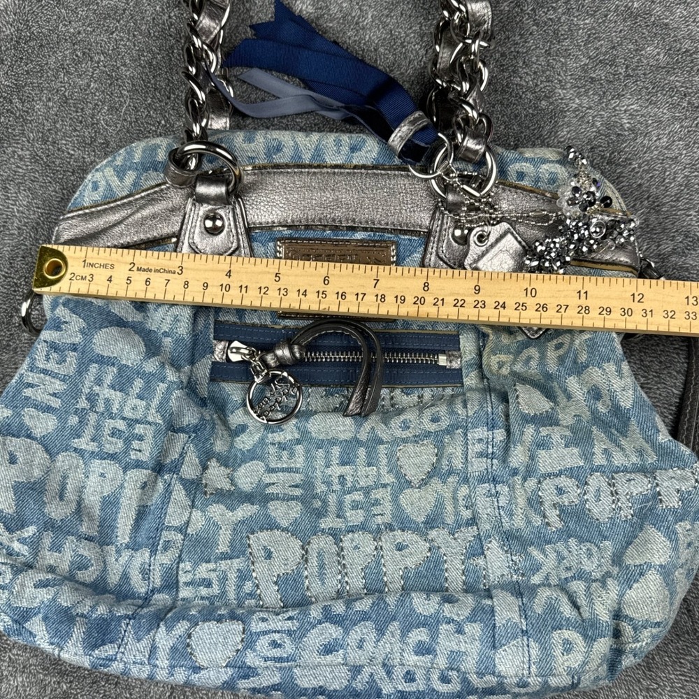 Vintage Coach Poppy Denim Logo Print Satchel Metallic Silver Trim Blue Bag Y2K - Picture 10 of 10